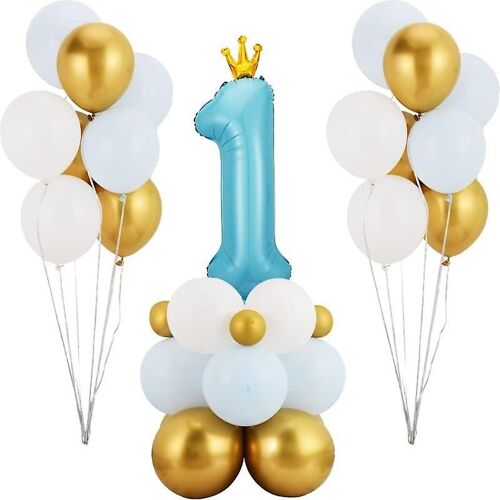 Ballon Blue Crown Number 1, 40 '' Grand ballon en aluminium avec ballons en latex, décorations de 1er anniversaire pour les filles garçons 33pcs Fournitures de fête d'anniversaire