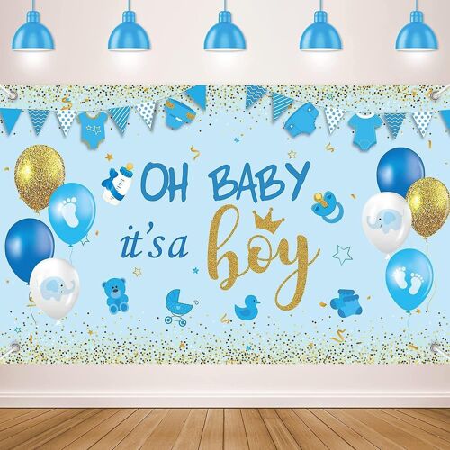 Baby Shower Party Décorations Grande Taille Oh Baby It's A Boy Baby Shower Bannière D'anniversaire Toile De Fond Photo Background For Boy's Blue Baby Shower Party Sup