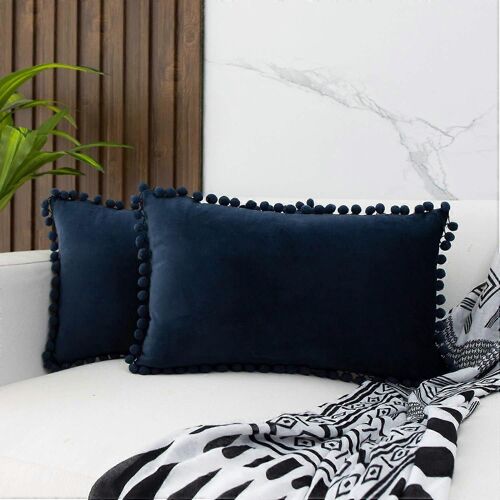 Housses d'oreiller décoratives lombaires Pom Poms, paquet de 2 housse de coussin en velours doux pour canapé canapé chambre, 12x20 pouces, bleu foncé
