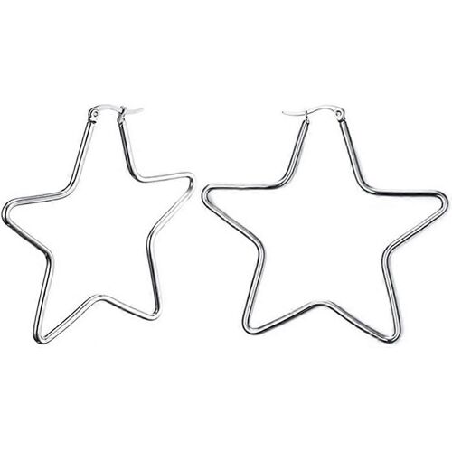 Boucles D'oreilles Créoles Pour Femmes En Acier Inoxydable Ou Plaqué Or Noir Bijoux Légers Étoile-Argent-56mm