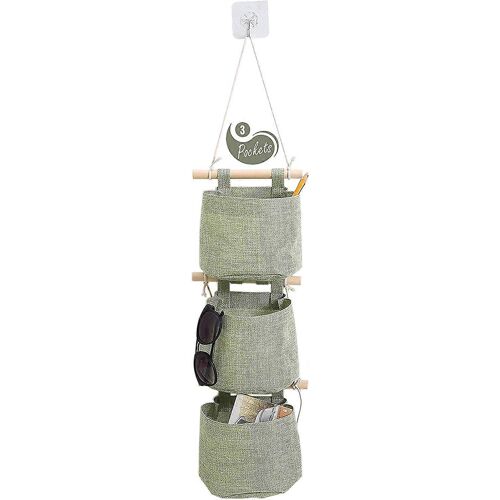 1 paquet de mini placard en tissu de lin en coton Sac de rangement suspendu lavable avec 3 poches sur le mur Organisateur de porte pour salle de bain de chambre (vert)