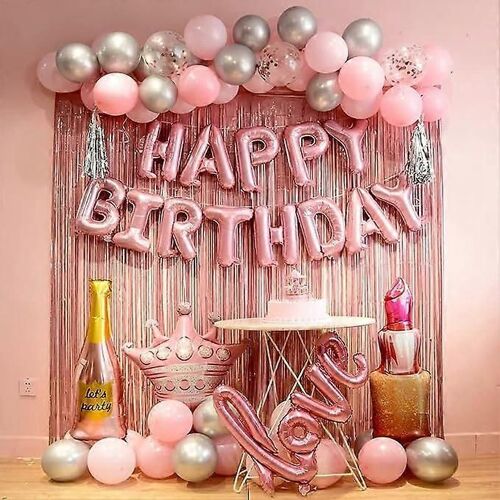 Décorations D'anniversaire Rose Pour Les Femmes Joyeux Anniversaire Décorations De Fête Pour Les Fillesrideau À Franges Rosebannière De Joyeux Anniversaireballon De Joyeux Anniversairehappy Birt