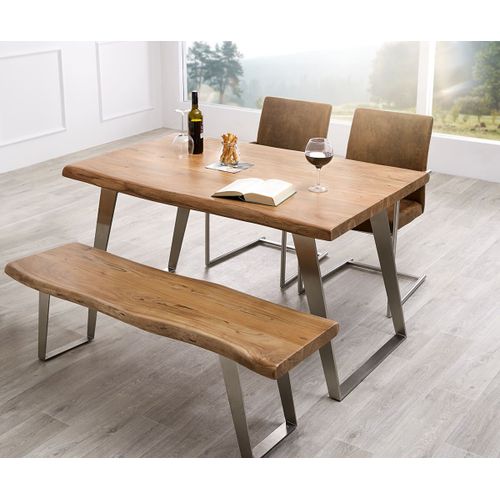 Table-De-Salle-?-Manger Edge Acacia Nature 140x90 Xl Acier Inoxydable Inclin? Live-Edge