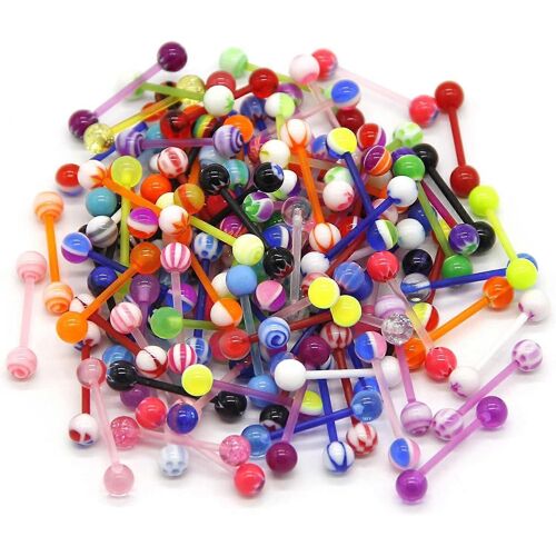 Katea 100pcs 14g Acrylique Anneaux De Langue, Assortiment Multicolore Flexible Languette Anneaux Haltères Mix Piercing