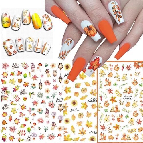 Autocollants d'ongles d'automne pour Nail Art Feuille d'érable Nail Art Stickers Décalcomanies Thanksgiving Nail Art fournitures 9PCS Feuilles d'érable Citrouille Tournesol Automne Nail Art D