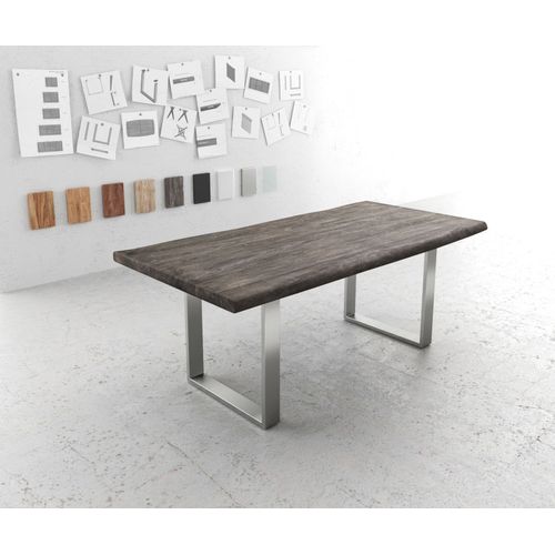 Table-De-Salle-?-Manger Edge Acacia Platine 200x100 Xl Acier Inoxydable ?Troit Live-Edge