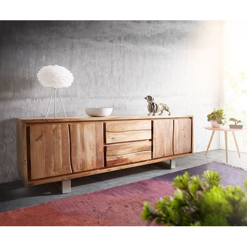 Meuble-Tv Live-Edge Acacia Naturel 200 Cm 4 Portes 2 Tiroirs Tronc D'arbre Buffet