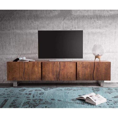 Table-Tv Live-Edge Meuble-Tv Acacia Marron 220 Cm 6 Portes En Bois Massif Bordure D'arbre