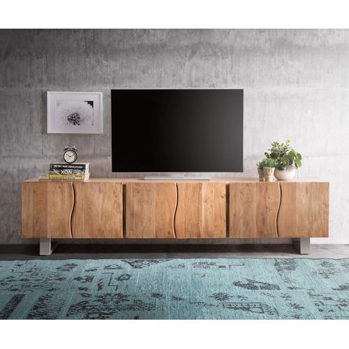 Meuble-Tv Live-Edge Acacia Nature 220 Cm 6 Portes Bois Massif Tronc D'arbre Lowboard