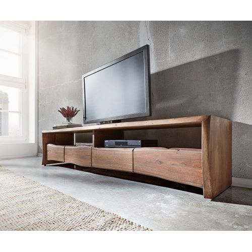 Meuble-Tv Live-Edge Acacia Marron 230 Cm 4 Tiroirs Bordure D'arbre Lowboard