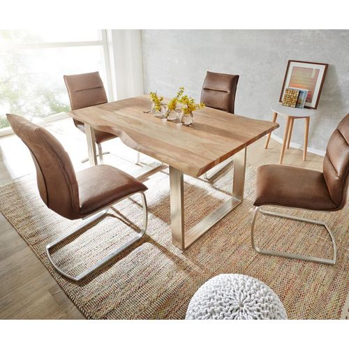 Table-De-Salle-?-Manger Edge Acacia Nature 200x100 Acier Inoxydable ?Troit Live-Edge