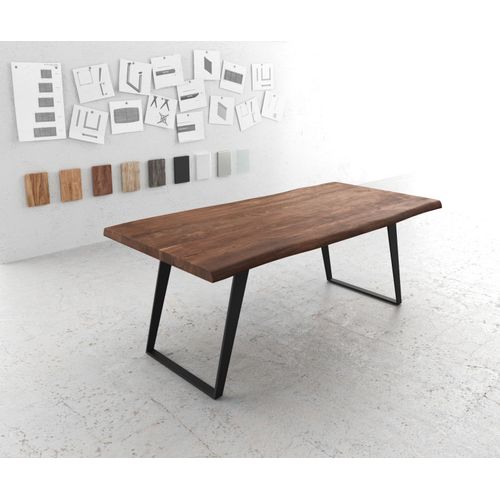 Table-De-Salle-À-Manger Edge Acacia Marron 200x100 Xl Métal Incliné Live-Edge