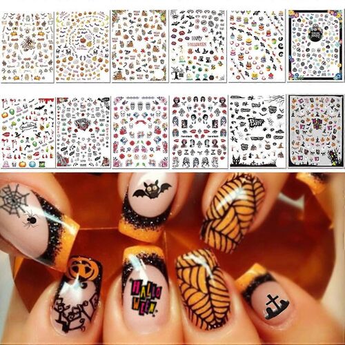 Halloween Ongles Décalcomanies Autocollants, Autocollant Bricolage Nail Art Conseils Pochoir Pour La Fête D'halloween, Inclure Citrouille / Chauve-Souris / Fantôme / Sorcière (12 Feuilles) 1000 Pcs 