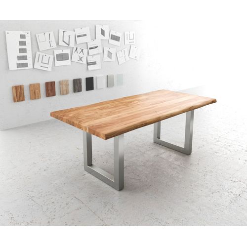 Table-De-Salle-À-Manger Edge Acacia Nature 200x100 Xl Acier Inoxydable Large Live-Edge