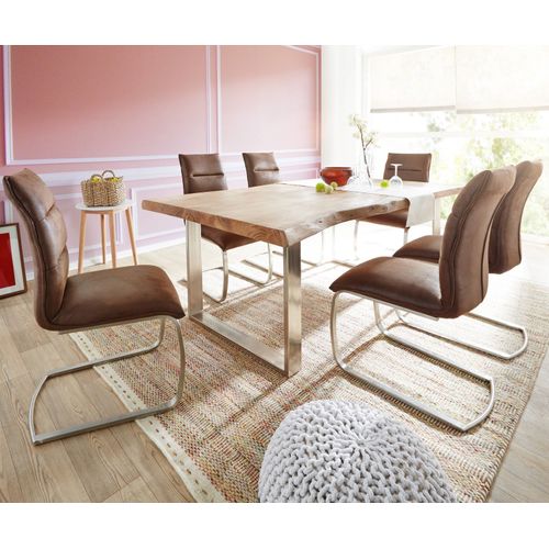 Table-De-Salle-?-Manger Edge Acacia Nature 200x100 Xl Acier Inoxydable ?Troit Live-Edge