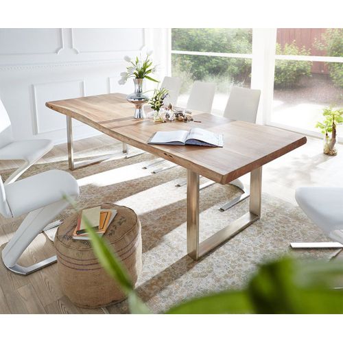 Table-De-Salle-?-Manger Edge Acacia Nature 300x100 Xl Acier Inoxydable ?Troit Live-Edge