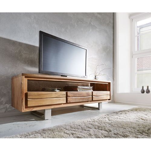 Table-Tv Live-Edge Acacia Nature 146 Cm 1 Compartiment 3 Tiroirs Bordure D'arbre Meuble - Tv