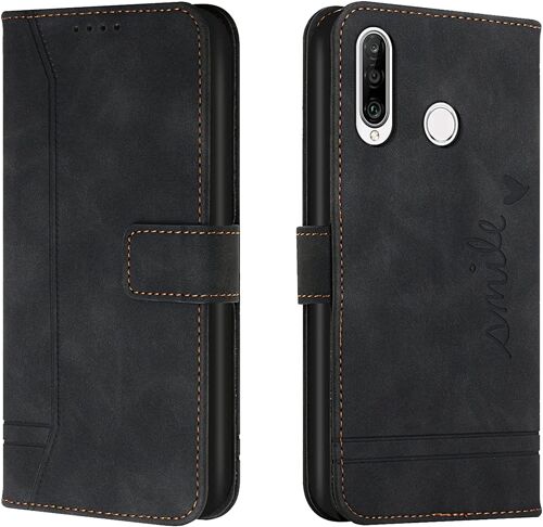 Coque pour Huawei P30 Lite/Nova 4e, Portefeuille Housse en PU avec TPU Fermoir Flip Pochette Housse pour Huawei P30 Lite/Nova 4e (Noir)