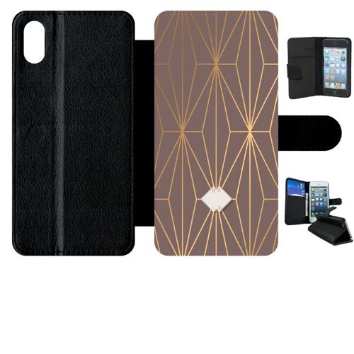 Etui a rabat - Losange geometrique beige et or - compatible avec apple iPhone XS Max - Simili-Cuir - bord Noir