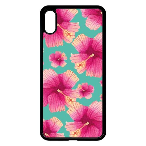 Coque pour smartphone - Hibiscus fond turquoise - compatible avec apple iPhone XS Max - Plastique - bord Noir