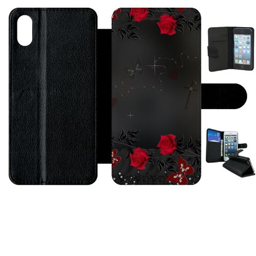 Etui A Rabat - Roses Gothic Chapelet - Compatible Avec Apple Iphone Xs Max - Simili-Cuir - Bord Noir