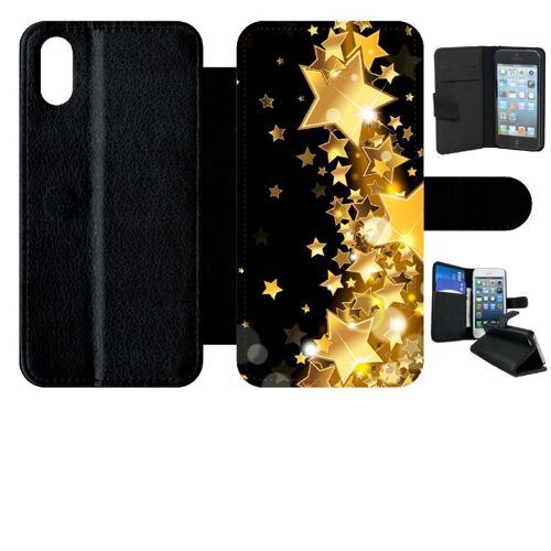Etui A Rabat - Étoile D'or Sur Fond Noir - Compatible Avec Apple Iphone X - Simili-Cuir - Bord Noir