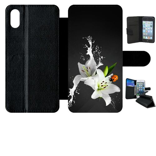 Etui a rabat - Lys blanc coccinelle sur fond gris - compatible avec apple iPhone XS Max - Simili-Cuir - bord Noir