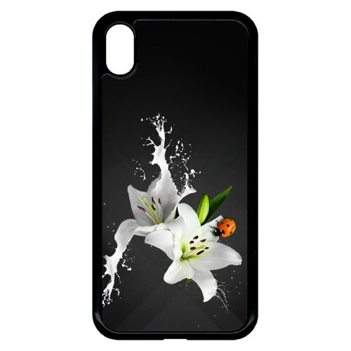 Coque pour smartphone - Lys blanc coccinelle sur fond gris - compatible avec apple iPhone XR - Plastique - bord Noir