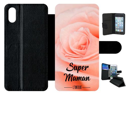 Etui A Rabat - Super Maman L Unique Fond Fleur Rose - Compatible Avec Apple Iphone Xs Max - Simili-Cuir - Bord Noir
