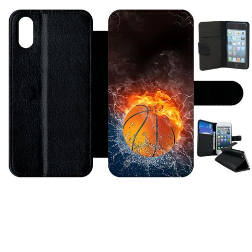 Etui A Rabat - Ballon De Basket Eau Et Feu - Compatible Avec Apple Iphone X - Simili-Cuir - Bord Noir