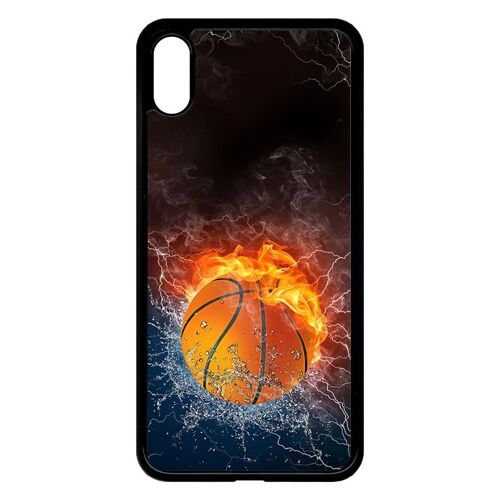 Coque Pour Smartphone - Ballon De Basket Eau Et Feu - Compatible Avec Apple Iphone Xs Max - Plastique - Bord Noir
