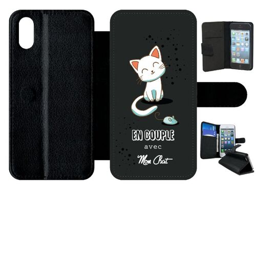Etui A Rabat - En Couple Avec Mon Chat Fond Noir 2 - Compatible Avec Apple Iphone X - Simili-Cuir - Bord Noir