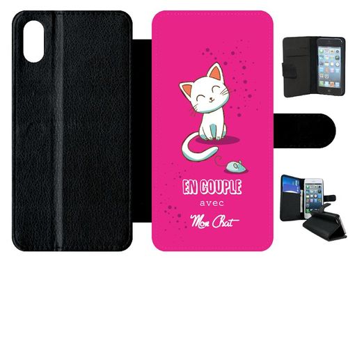 Etui A Rabat - En Couple Avec Mon Chat Fond Rose - Compatible Avec Apple Iphone Xs Max - Simili-Cuir - Bord Noir