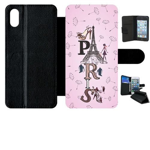 Etui A Rabat - Paris Fond Rose Pale - Compatible Avec Apple Iphone Xs Max - Simili-Cuir - Bord Noir