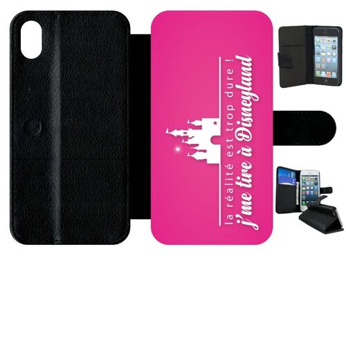 Etui a rabat - La realite est tropdure jme tire a disney fond rose - compatible avec apple iPhone XR - Simili-cuir - bord Noir