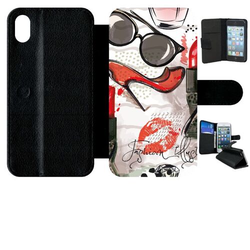 Etui a rabat - Motif girly fond blanc - compatible avec apple iPhone XR - Simili-Cuir - bord Noir