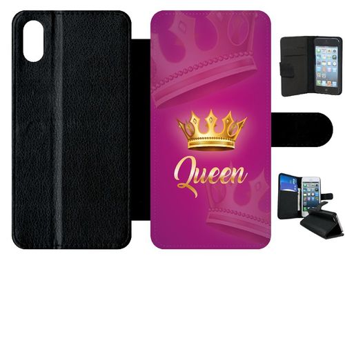 Etui A Rabat - Queen Fond Rose - Compatible Avec Apple Iphone Xs Max - Simili-Cuir - Bord Noir