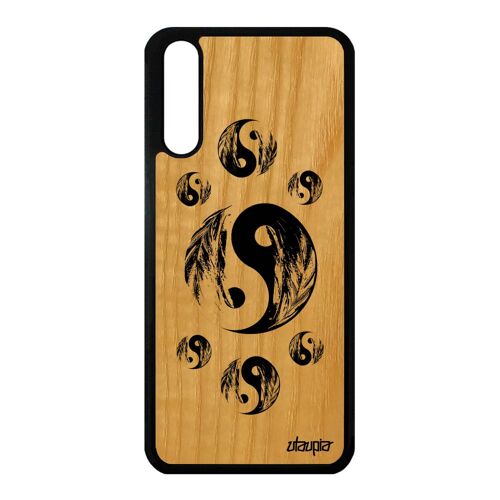 Coque Bois P20 Silicone Yin Et Yang Noir Plume Rigide Unique Noir Ying De Huawei P20