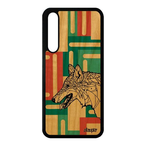 Coque loup Huawei P20 Pro en bois silicone etui Vert carré ethnique geometrique