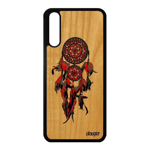 Coque attrape reve P20 en bois silicone Rouge oriental tattoo maya plume Huawei P20