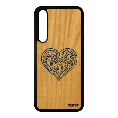 Coque cur Huawei P20 Pro en vrai bois silicone love noir romantique mobile bleu