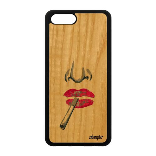Coque bois silicone rigide Honor View 10 V10 portrait femme bumper levre rose de