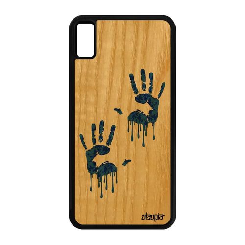 Coque Iphone Xs Max Bois Silicone Empreinte Main Deux Frêne Trace De Bleu Iphone Xs Max
