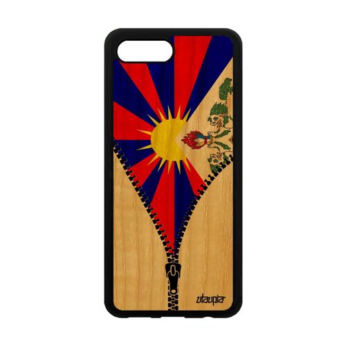 Coque bois veritable Honor 10 silicone drapeau tibet tibetain original noir etui
