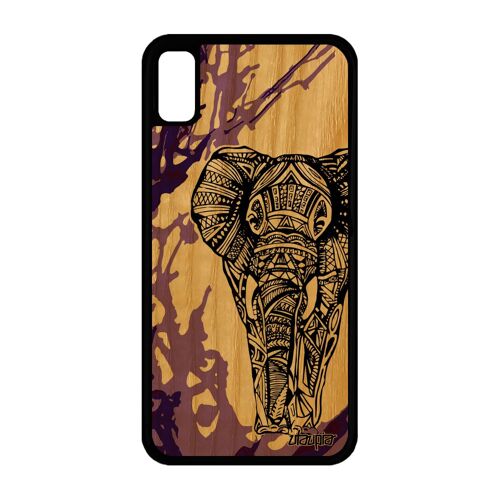 Coque En Bois Iphone Xr Silicone Elephant Azteque Fantaisie Animal Housse