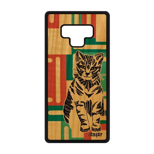 Coque silicone pour Samsung Note 9 en vrai bois chat azteque noir tribal Samsung Galaxy Note 9