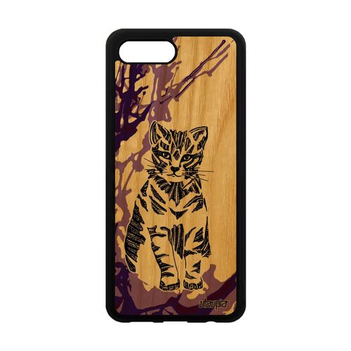 Coque Honor 10 En Bois Silicone Chat Original Fantaisie Dessin Animal Ethnique