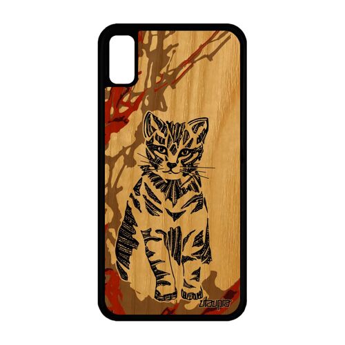 Coque iPhone XR bois silicone chat art chaton Marron petit portable mignon