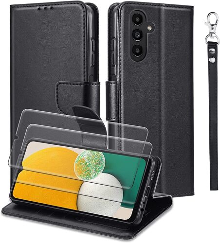 Coque Compatible avec Samsung Galaxy A13 5G avec 2 Pièces Verre Trempé, Portefeuille Housse Premium en Cuir PU avec Magnétique Flip Case Protection Etui Book Noir