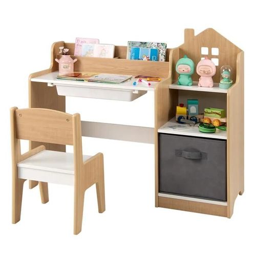 Bureau Enfant Avec Chaise - Costway - Étagères Ouvertes - Tiroir Et Bac De Rangement En Tissu - 2 Compartiments